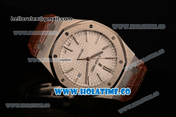 Audemars Piguet Royal Oak 41 MM Clone AP Calibre 3120 Automatic Steel Case with White Dial and Brown Leather Strap - Stick Markers - 1:1 Original (JF) - Click Image to Close